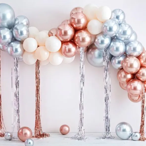 Ballongbåge med Girlanger Kit Silver/Roséguld/Vit
