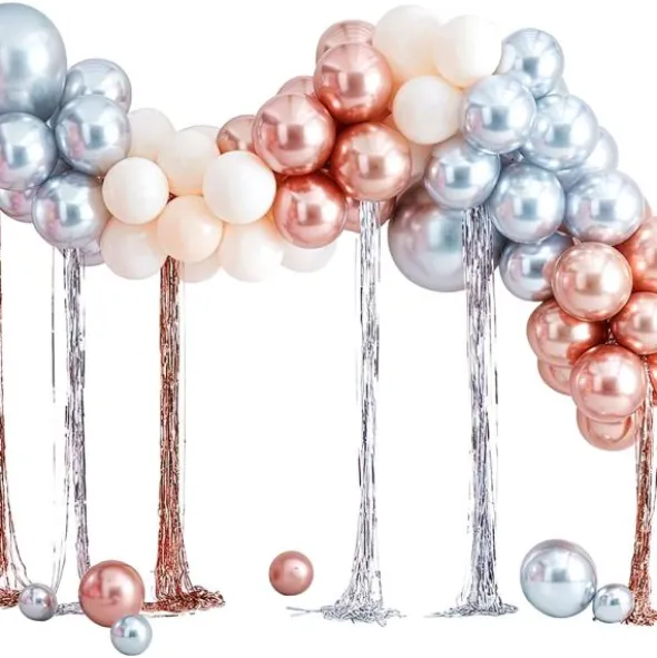 Ballongbåge med Girlanger Kit Silver/Roséguld/Vit