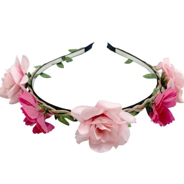 Diadem med Blad & Rosa Blommor