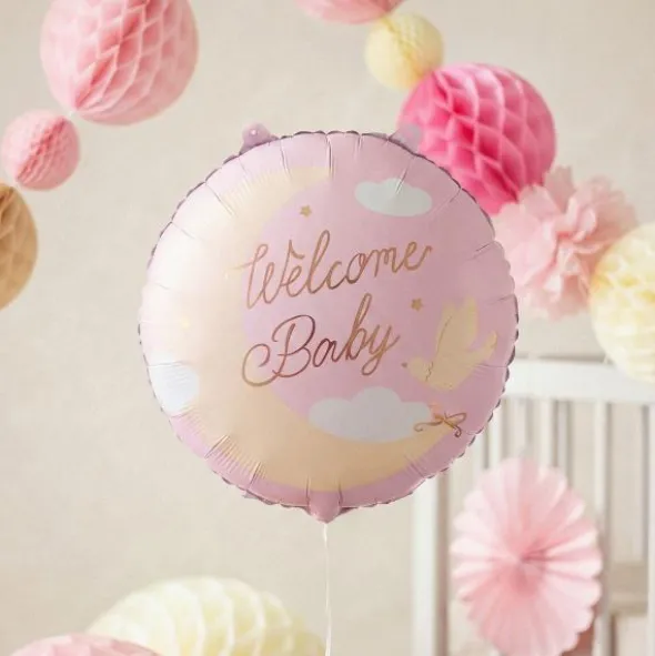 Folieballong Welcome Baby Ljusrosa Rund 35 cm