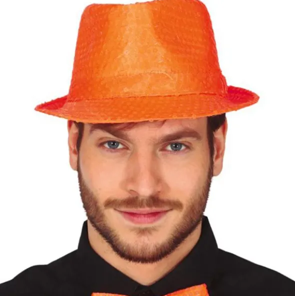 Gangsterhatt med Paljetter Neonorange