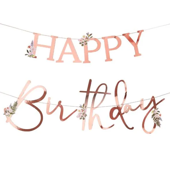 Girlang Happy Birthday Roséguld med Blommor
