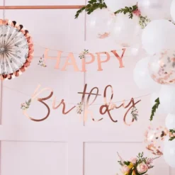 Girlang Happy Birthday Roséguld med Blommor