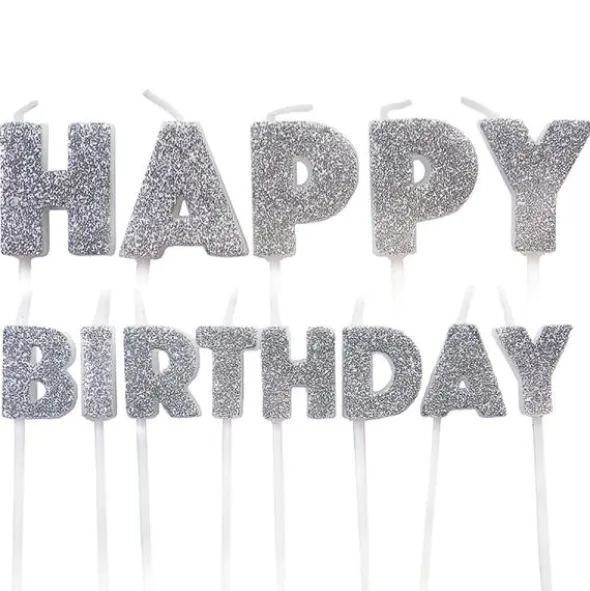Glittriga Happy Birthday Tårtljus Silver