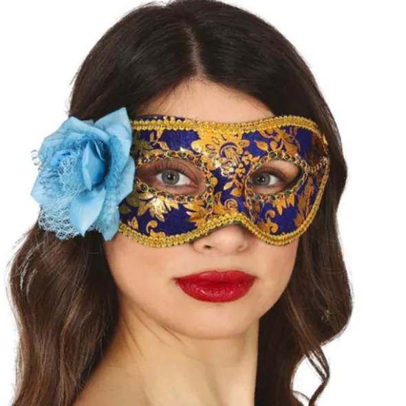 Halvmask med Blomma Blå/Guld