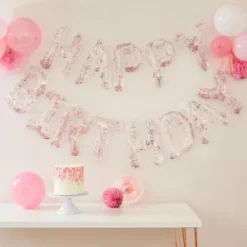 Happy Birthday Ballonger med Rosa Glitter