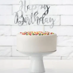 Happy Birthday Cake Topper Silver
