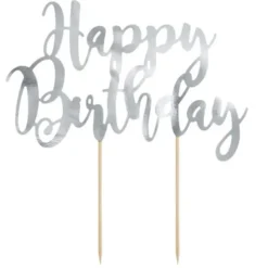 Happy Birthday Cake Topper Silver