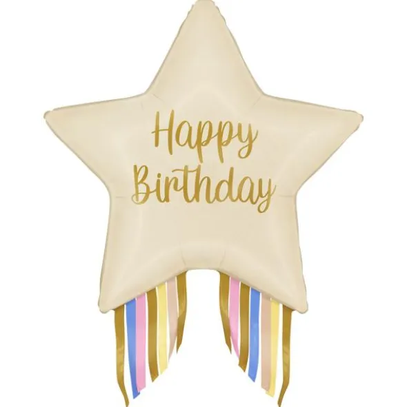 Happy Birthday Folieballong Stjärna med Fransar