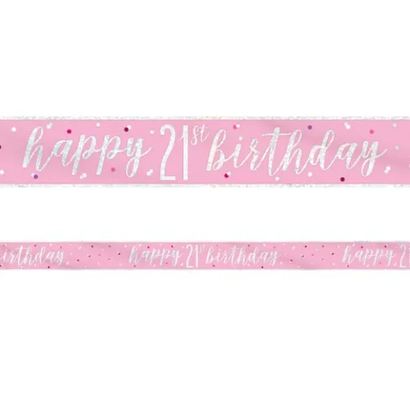 Happy 21th Birthday Banderoll Rosa & Silver