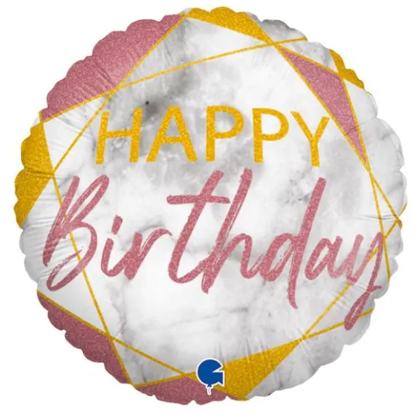 Marble Happy Birthday Holografisk Ballong Rosa