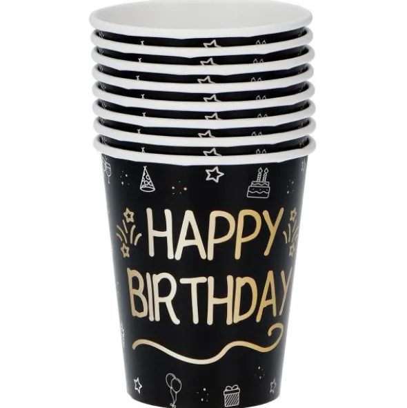 Pappersmuggar Happy Birthday Svart 8-pack