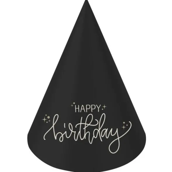 Partyhattar Happy Birthday Svart/Krämvit 6-pack