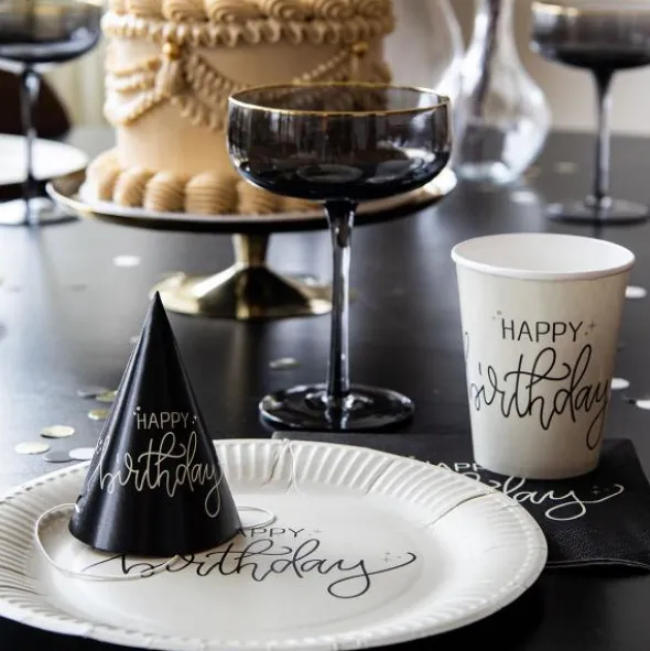 Partyhattar Happy Birthday Svart/Krämvit 6-pack