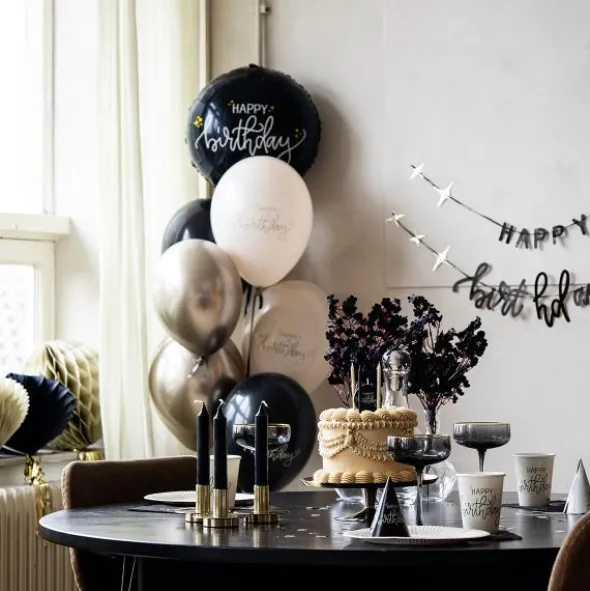 Partyhattar Happy Birthday Svart/Krämvit 6-pack