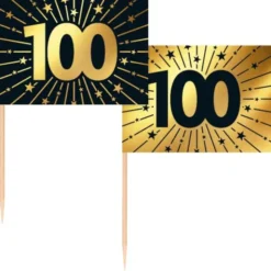 Partypicks 100 år Guld/Svart 50-pack