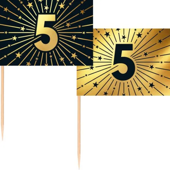 Partypicks 5 år Guld/Svart 50-pack