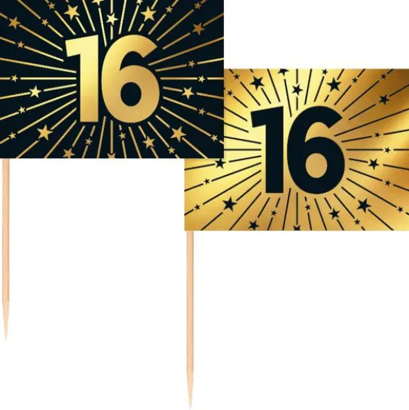 Partypicks 16 år Guld/Svart 50-pack