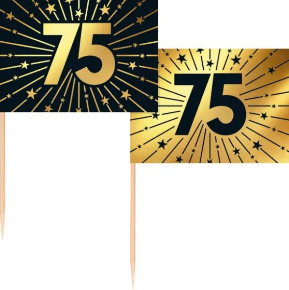 Partypicks 75 år Guld/Svart 50-pack
