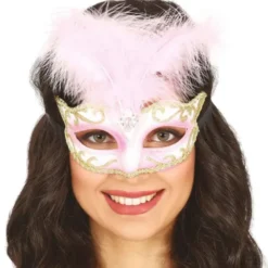 Rosa Halvmask med Fjädrar