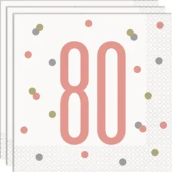 80 Års Servetter Vit & Rosa