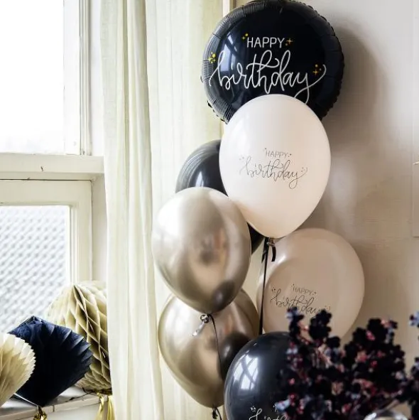 Rund Folieballong Happy Birthday Svart