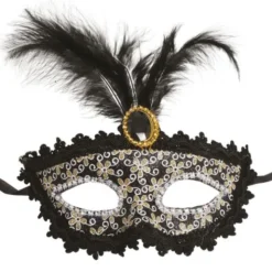 Svart Halvmask med Fjädrar