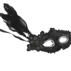 Svart Halvmask med Paljetter & Fjädrar