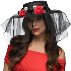 Svart Hatt med Döskallar, Blommor & Slöja