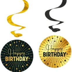 Swirls Happy Birthday Guld/Svart 4-pack