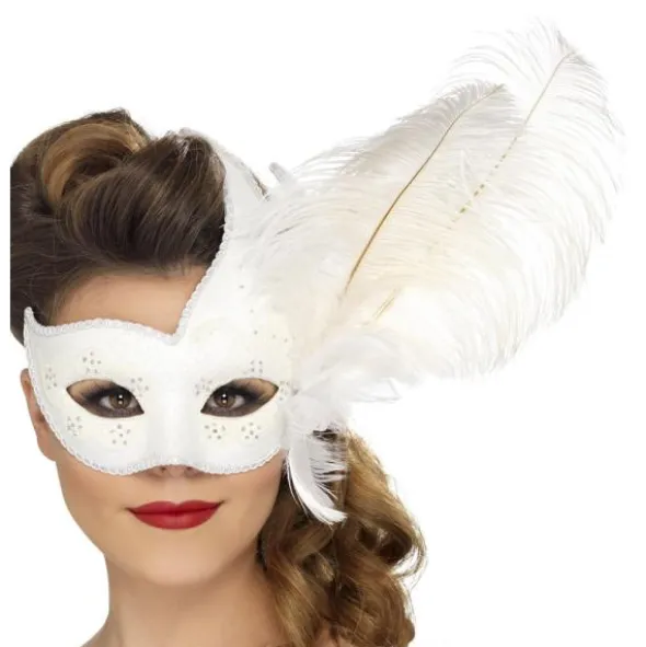 Teatermask med Fjäder Vit