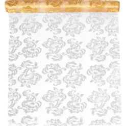 Vitt Organzatyg med Guld & Silver Motiv